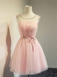 Knee Length Lace Up Bridesmaid Gown Baby Pink for Prom and Party and Wedding Party with Belt