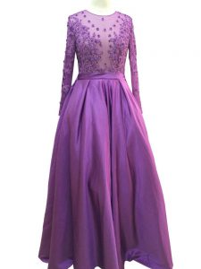 Floor Length Zipper Homecoming Gowns Purple for Prom and Party and Military Ball with Beading and Lace and Appliques