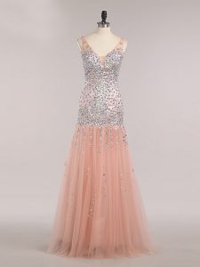 Spectacular V-neck Sleeveless Prom Dress Floor Length Beading and Sequins Peach Tulle