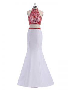 White Two Pieces Satin Halter Top Sleeveless Beading Floor Length Criss Cross Prom Dress