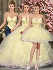 Sleeveless Floor Length Beading and Ruffles Lace Up Quinceanera Gown with Light Yellow