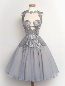 Suitable Grey Lace Up High-neck Lace Wedding Party Dress Chiffon Sleeveless
