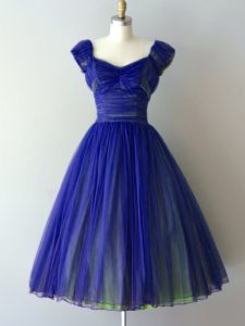 Comfortable Royal Blue A-line Ruching Damas Dress Lace Up Chiffon Cap Sleeves Knee Length