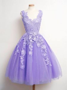 Lavender A-line Lace Quinceanera Dama Dress Lace Up Tulle Sleeveless Knee Length
