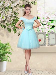 Attractive Aqua Blue Cap Sleeves Knee Length Lace and Belt Lace Up Court Dresses for Sweet 16