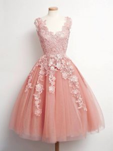 Peach Sleeveless Lace Knee Length Quinceanera Court Dresses