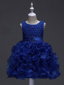 Stunning Ruffles and Belt Little Girls Pageant Dress Wholesale Royal Blue Lace Up Sleeveless Knee Length