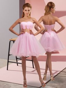 Romantic Mini Length Lace Up Prom Gown Baby Pink for Prom and Party and Sweet 16 with Beading and Ruching