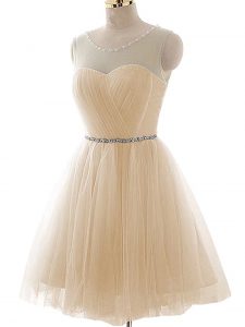 Champagne Scoop Neckline Beading and Ruching Prom Dresses Sleeveless Lace Up
