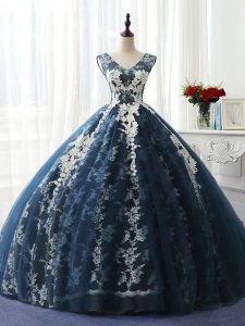 Navy Blue Organza and Taffeta and Chiffon and Tulle Lace Up Scoop Sleeveless Floor Length Sweet 16 Dress Ruffles and Pat