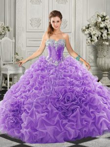 Stunning Lace Up Ball Gown Prom Dress Lavender for Military Ball and Sweet 16 and Quinceanera with Beading and Ruffles C