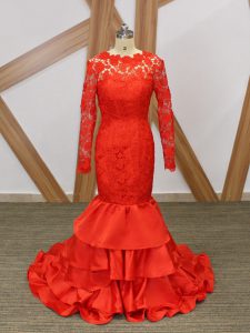 Red Backless Evening Outfits Lace and Appliques Long Sleeves Floor Length
