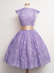 Pretty Cap Sleeves Lace Knee Length Lace Up Quinceanera Court of Honor Dress in Lavender with Belt