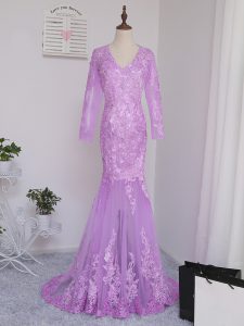 Fancy Lilac Long Sleeves Tulle Brush Train Side Zipper Mother Of The Bride Dress for Prom and Party and Beach