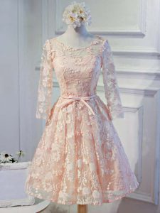 On Sale Peach Organza Lace Up Scoop Long Sleeves Knee Length Dress for Prom Appliques