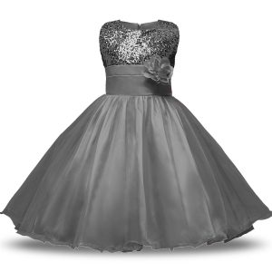 Grey Flower Girl Dresses Military Ball and Sweet 16 and Quinceanera with Bowknot and Belt and Hand Made Flower Scoop Sle