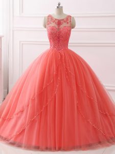 Coral Red Sleeveless Beading and Lace Lace Up Sweet 16 Quinceanera Dress