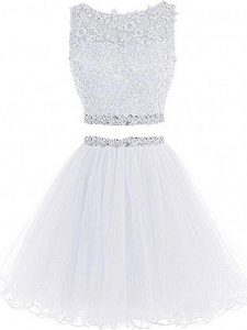 Mini Length White Homecoming Party Dress Tulle Sleeveless Beading and Lace and Appliques