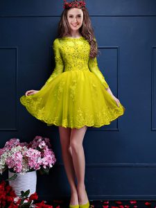 Yellow Scalloped Lace Up Beading and Lace and Appliques Bridesmaid Dresses 3 4 Length Sleeve