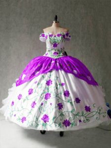 Modern White And Purple Ball Gowns Organza and Taffeta Off The Shoulder Cap Sleeves Embroidery and Ruffles Floor Length 