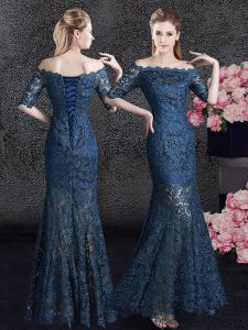 Modest Mermaid Off the Shoulder Navy Blue Lace Lace Up Mother Of The Bride Dress Half Sleeves Floor Length Lace