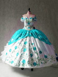 Organza and Taffeta Off The Shoulder Cap Sleeves Lace Up Embroidery and Ruffles Quinceanera Gown in Multi-color