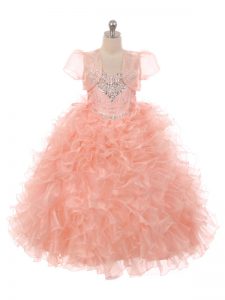 Glorious Straps Sleeveless Lace Up Child Pageant Dress Peach Organza