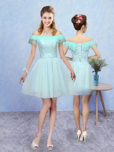 Artistic Aqua Blue Tulle Lace Up Court Dresses for Sweet 16 Cap Sleeves Mini Length Lace