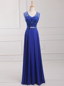 Superior Royal Blue Zipper Prom Gown Beading and Belt Sleeveless Floor Length