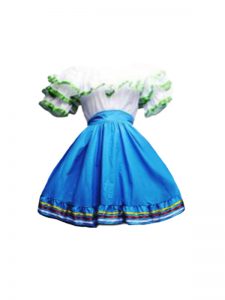 Blue And White Short Sleeves Ruffles Mini Length Prom Gown