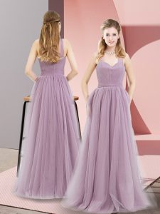 On Sale Lilac Empire Ruching Homecoming Dress Zipper Tulle Sleeveless Floor Length