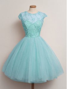Dynamic Aqua Blue Ball Gowns Tulle Scoop Cap Sleeves Lace Knee Length Lace Up Dama Dress