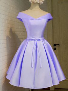 Vintage Lavender Off The Shoulder Neckline Belt Bridesmaid Dresses Cap Sleeves Lace Up