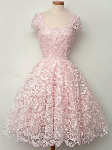Custom Designed Knee Length A-line Cap Sleeves Baby Pink Quinceanera Dama Dress Lace Up