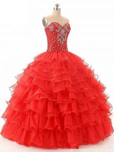 Custom Design Red Organza Lace Up Ball Gown Prom Dress Sleeveless Floor Length Beading and Ruffled Layers
