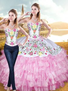 Two Pieces 15 Quinceanera Dress Rose Pink Sweetheart Organza and Taffeta Sleeveless Floor Length Lace Up