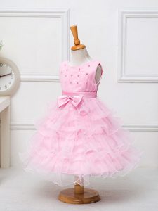 Organza Sleeveless Tea Length Flower Girl Dresses for Less and Ruffled Layers and Bowknot