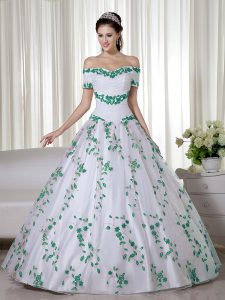 Custom Designed Off The Shoulder Short Sleeves Organza Ball Gown Prom Dress Embroidery Lace Up