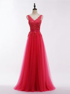 Tulle V-neck Sleeveless Backless Lace and Appliques Evening Wear in Coral Red