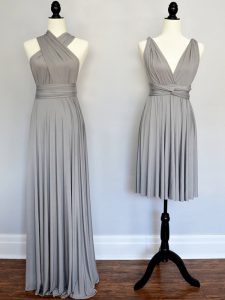 Flare Ruching Bridesmaids Dress Grey Lace Up Sleeveless Floor Length