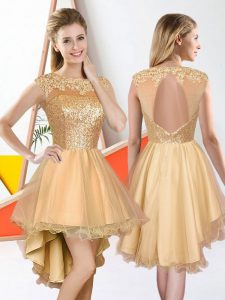 Organza Bateau Sleeveless Backless Beading and Lace Vestidos de Damas in Champagne