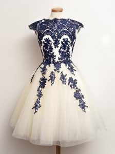 Cute Mini Length Blue And White Dama Dress for Quinceanera Scalloped Sleeveless Lace Up