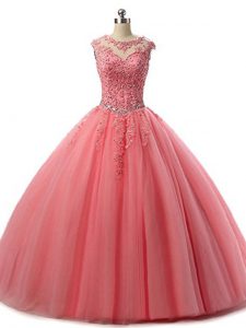 Watermelon Red Sleeveless Floor Length Beading and Lace Lace Up 15th Birthday Dress