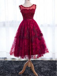 Vintage Lace Quinceanera Dama Dress Fuchsia Zipper Sleeveless Tea Length