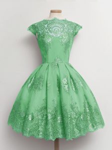 Customized Cap Sleeves Tulle Knee Length Lace Up Bridesmaid Dresses in Green with Lace