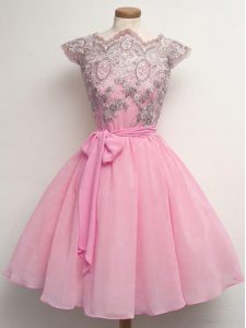 Romantic A-line Wedding Guest Dresses Rose Pink Scalloped Chiffon Cap Sleeves Knee Length Lace Up