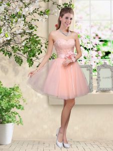 Elegant Peach Sleeveless Tulle Lace Up Dama Dress for Prom and Party