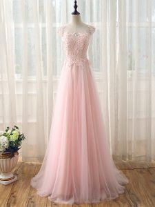 Luxury Scoop Cap Sleeves Bridesmaid Gown Brush Train Beading and Lace Baby Pink Tulle
