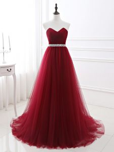 A-line Sleeveless Wine Red Military Ball Gown Brush Train Lace Up