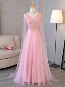 Long Sleeves Tulle Floor Length Lace Up Prom Dress in Baby Pink with Beading